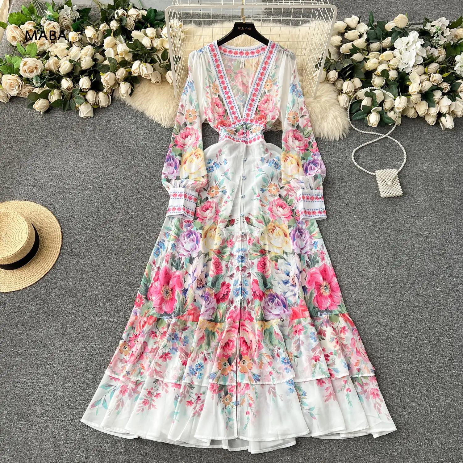 

2024 Fashion Runway Flower Floral Long Dresses Spring Autumn Women Deep V-neck High Waist Single Breasted Luxury Chiffon Dress