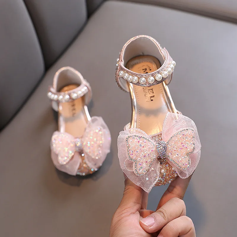 Fashion Rhinestone Pearl Bow Baby Shoes New Sweet Girl Princess Shoes Kids Party Children's Dance Little Girls Leather Shoes