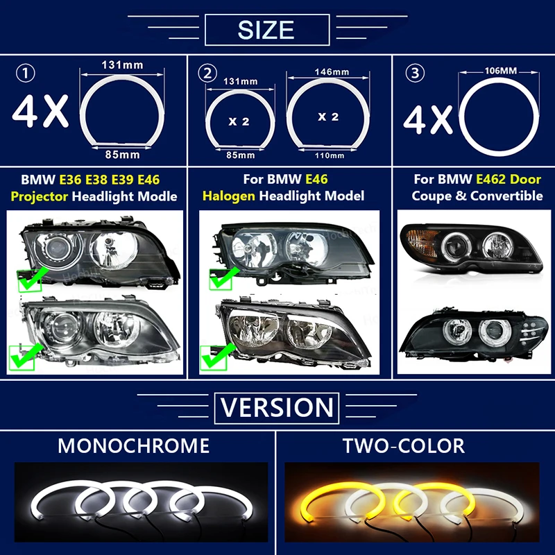4Pcs For BMW E36 E38 E39 E46 M3 LED Two-Color Cotton Angel Eyes Halo Ring Headli