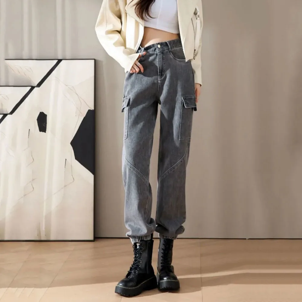 

Women Streetwear Gray Jeans Fashion High Wiast Straight Harem Denim Trousers Female Autumn Winter Big Pockets Denim Cargo Pants