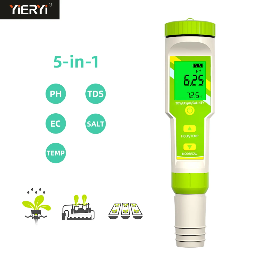 

5 in 1 Salinity EC TDS Temp PH Meter Hydroponic Nutrients Growing Water Quality ppm Tester for Hydroponics Brewing Pool Aquarium
