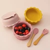 3PCS Baby Silicone Dinner Set Cartoon Lion Shape Suction Bowl Wooden Handle Spoon Fork Soft Utensils Pure Color Baby Tableware 4