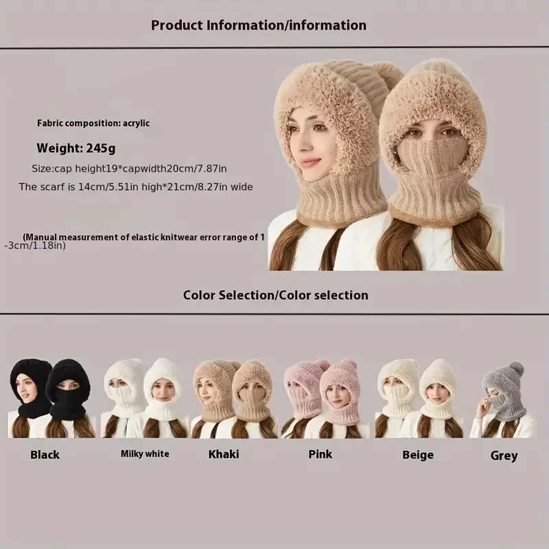 Winter Fleece Lined Knitted Hat with Ear Flaps, Windproof and Warm Hooded Neck Gaiter for Outdoor Cycling 6