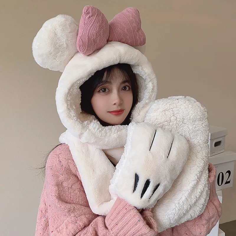 

Cute Bow Ear Hat Scarf Gloves Set Winter Women Beanies Caps Warm Plush Hats Casual Solid Fleece Girl Kawaii Rabbit Fur Hat