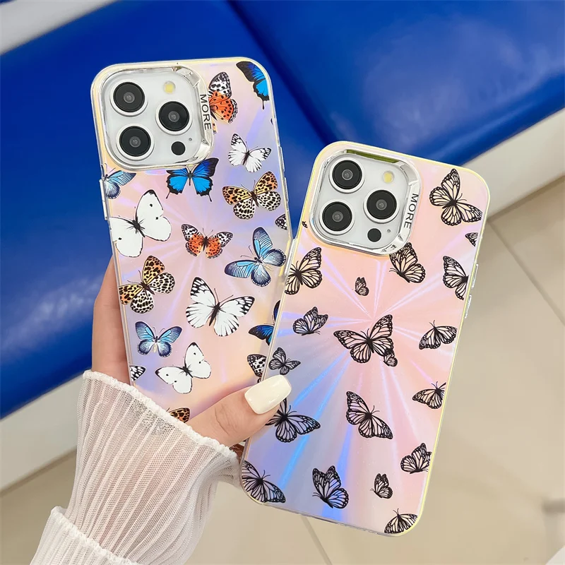 Coque de téléphone de luxe électroplaquée au laser papillon pour iPhone 16 15 14 13 Pro Max, coque arrière rigide antichoc en PC mat_voghion.com