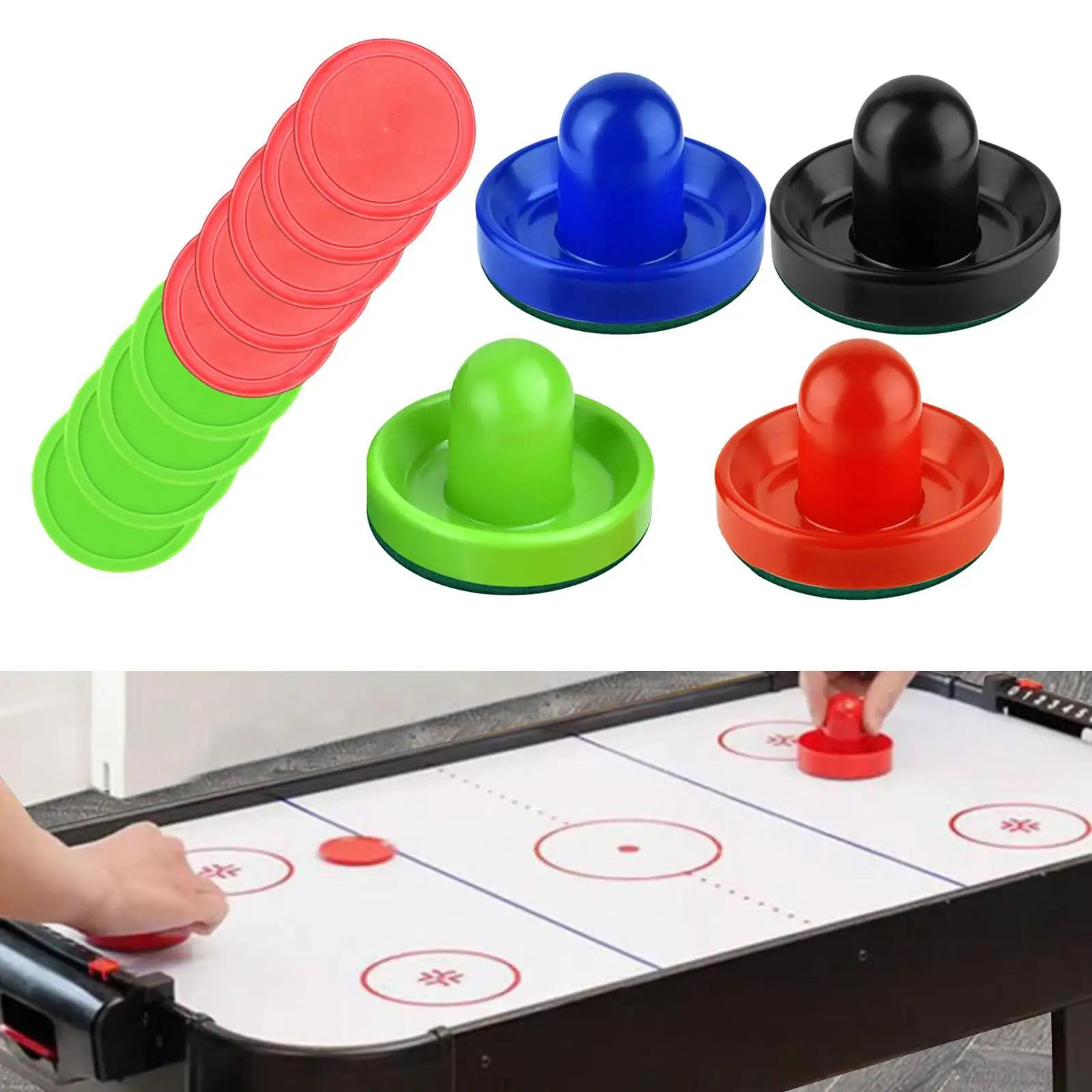 4 Colors Air Hockey Pushers Slider Pusher and 8Pcs 2 Color Pucks Air Hockey Pucks