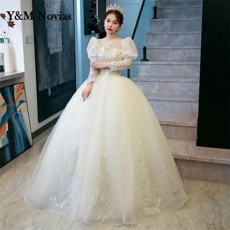 Y&M Novias Shiny Glitter Flower Wedding Dress New Style Bride Plus Size Flower Wedding Dresses Dreamy Full-sleeve Bridal Lace Up