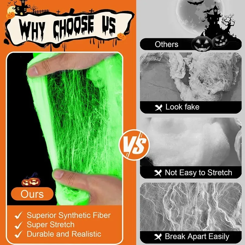 Glowing Spider Web Decoration with Luminous Cobweb and Plastic Spiders