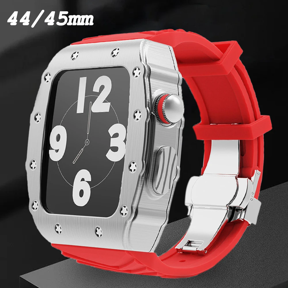Luxury Metal Case For Apple Watch 45mm 44mm Modification Kit Silicone