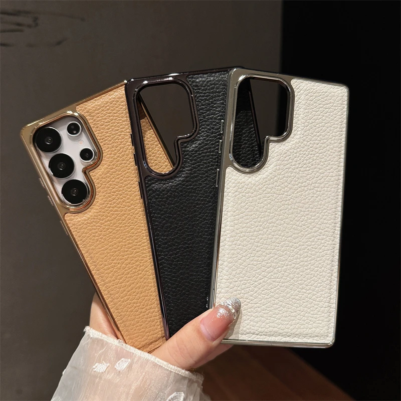Luxury Electroplated Lychee Pattern Leather Phone Case - Matte Shockproof Cover