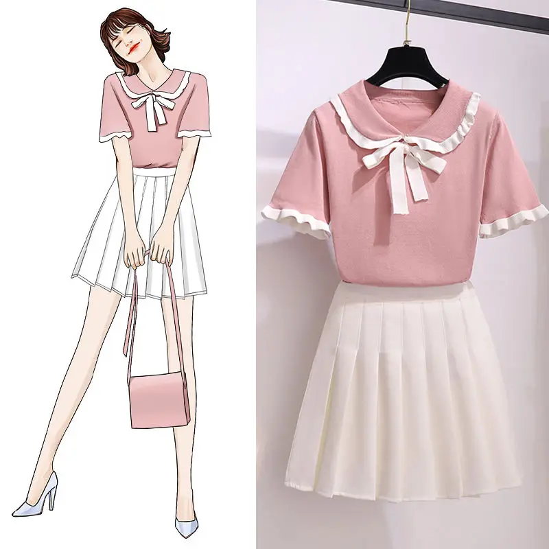 

2023 New Summer Fresh Age Reducing Doll Neck Knitted Top Versatile Pleated Half Skirt A-line Dress Two Piece Set for Women