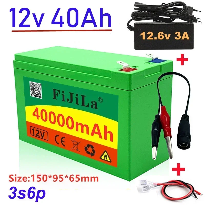 

12V 40Ah 18650 Lithium Battery Pack + 12.6V 3A Charger, Built-in 30Ah High Current BMS, Used For Sprayer, 12V Power Supply
