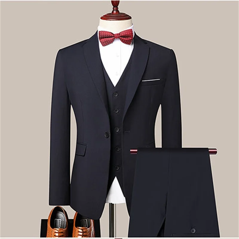 Male Suits 3 Piece Sets Fashion Blue Single Button Jacket Business Slim Chic Elegant Groomsmen Formal Set(Blazer + Vest + Pants)