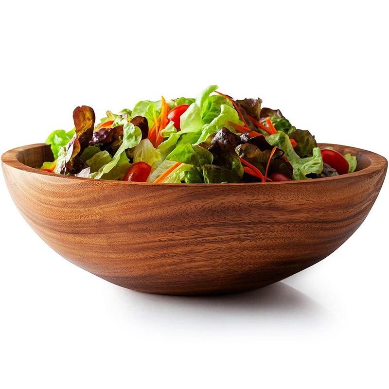 2Pcs Natural HandMade Wooden Salad Bowl Classic Large Round Salad Soup