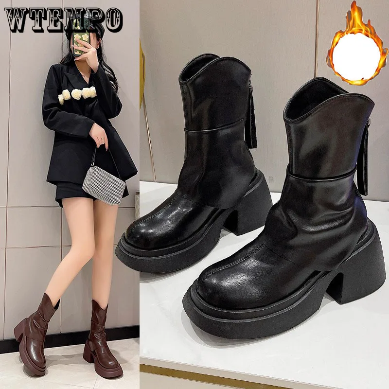 

Retro Martin Boots Women Heightened Short Plush Boots British Thick Heel Leather Warm Boots Autumn Winter Black Platform Shoes