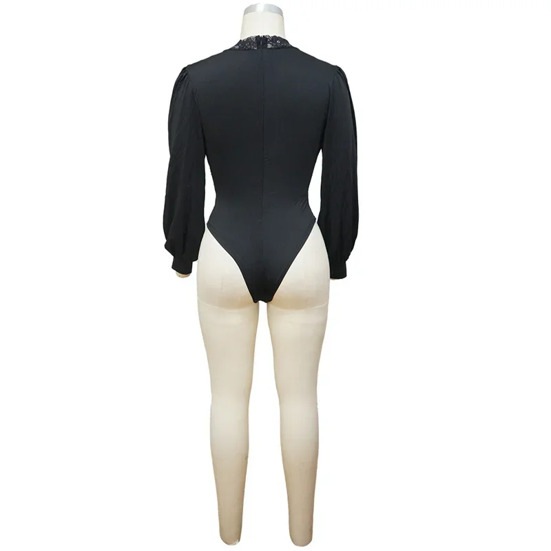 Elegant Lace Splice Deep V Neck Bodysuit Women Solid Color Lantern Long Sleeve Slim Fit Rompers New Female Ultra Shorts Jumpsuit