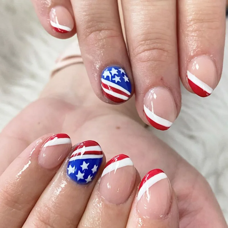 Ronde Kop 24 Stuks Fake Nai Korte Amandel Fae Nai met Lijm Mode Franse Volledige Cover Nail Tips Wearable Druk op l_voghion.com