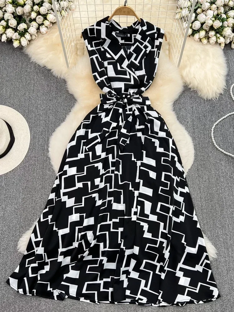 

Женское винтажное платье-трапеция без рукавов, элегантное облегающее черно-белое платье с асимметричным подолом и отложным воротником, лето