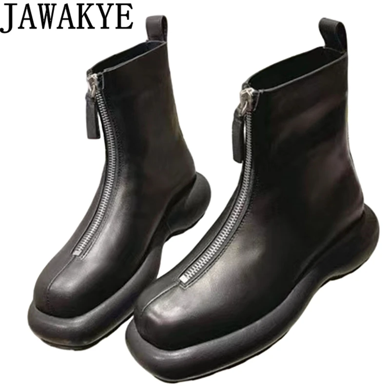 

2023 Autumn Thick Sole Front Zipper Ankle Boots Women Square Toe Flat Platform Chelsea Booties Fashion Leather Short Botas Mujer