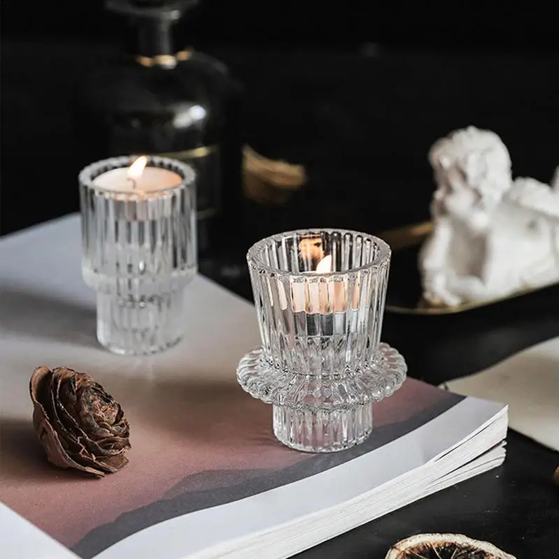 Clear Glass Candlestick European Double head Candle Holder Dinner Table