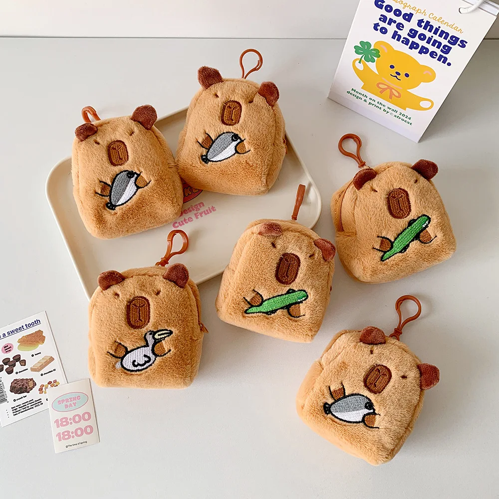 Capybara Plush Coin Purse Mini Zipper Wallet with Keychain Headphone Storage Bag Crossbody Bag Pendant Decoration Girls Gift