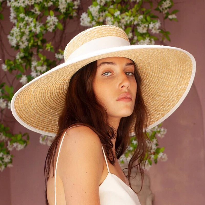 

VRIGINER Bow Wide Brim Beach Hats For Women Fashion Straw Boater Woven Fedora Sun Hats Summer Holiday Panama Sun Hat Derby Hat
