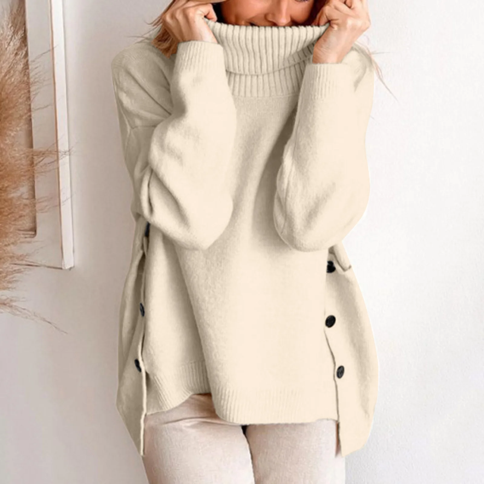 

Winter Turtleneck Sweater with Button Design Women's Pullover Korean Oversize Loose Knit Shirt Looks Thin Wholesale Pullovers
