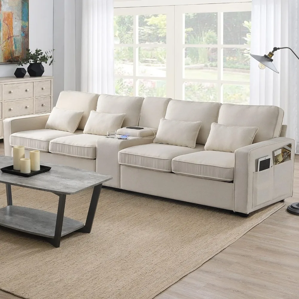 

Console, 2 Cup Holders and 2 USB Ports & Wirelessly Charged, Modern Linen Fabric 4-Seat Couch with 4 Pillows for Living Room,