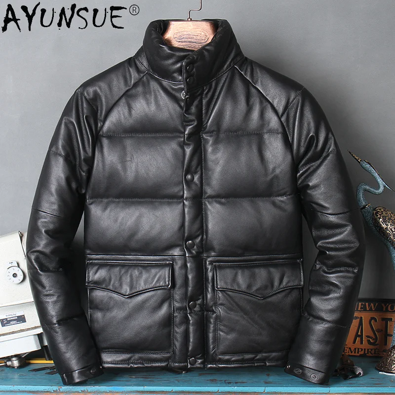 

100% Real Leather Jacket Men Winter Men's Down Jackets Short High Quality Cowhide Coat Casual Clothes 2024 Veste Homme