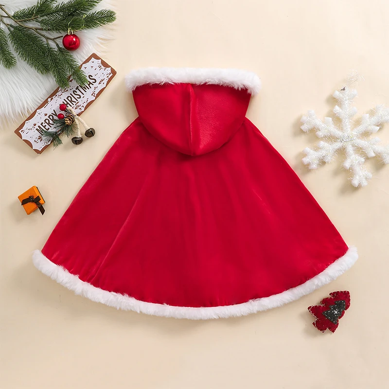 Girls Christmas Red Velvet Cloak Contrast Color Fuzzy Trim Hooded Cape Cosplay Costume 1-6T Pudcoco