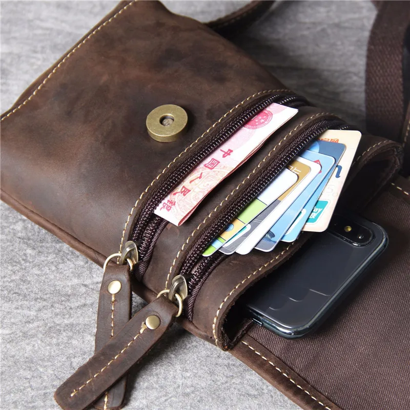 High quality simple crazy horse cowhide men's crossbody bag casual vintage genuine leather small phone shoulder bag belt bag