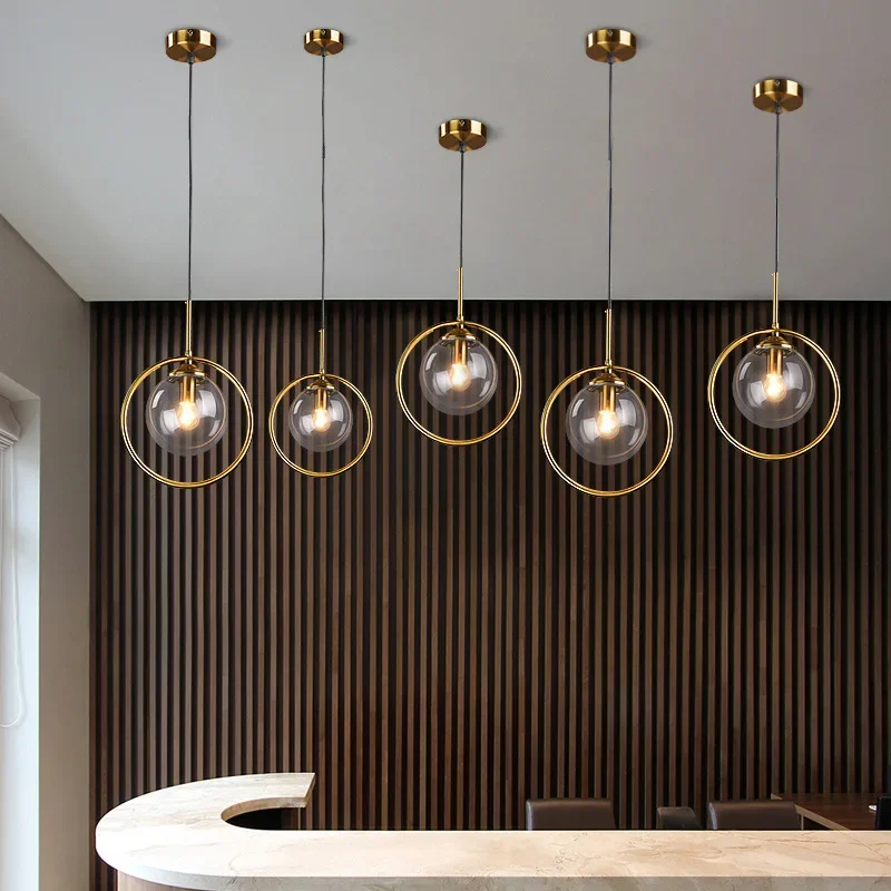 Modern Glass Ball Pendant Lighting Fixture Golden Ring Kitchen Dining Room Bedside Hanging Lamps Luminaire Suspension Lights 2