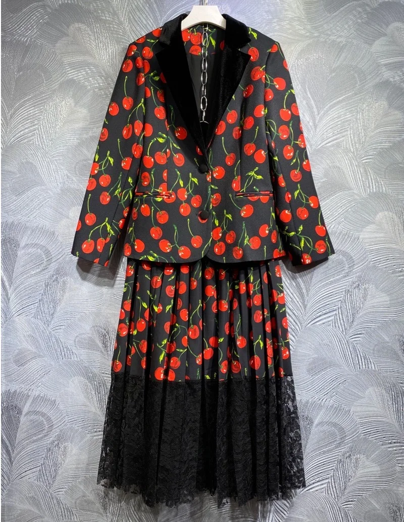 

High Quality New Blazer Suits & Sets 2023 Autumn Winter Clothing Set Women Sweet Fruit Prints Blazer Coat+Lace Deco Long Skirts