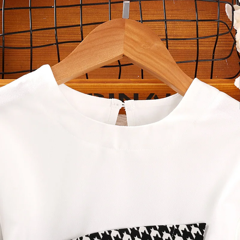 Casual Kids Shirts for Girls Spring Autumn New Child Long Sleeve Houndstooth Patched Irregular Hem Tops with Belt Clothing