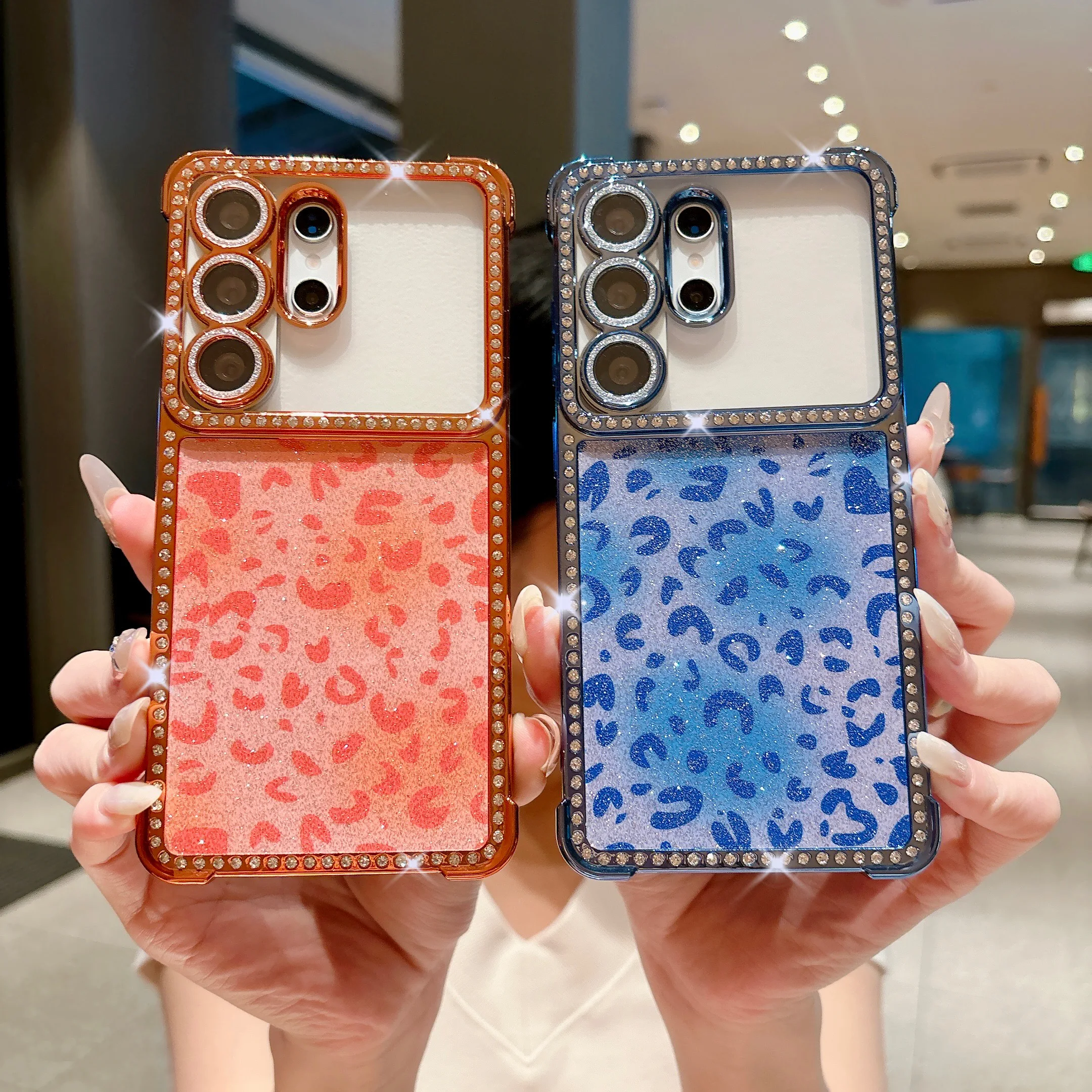 Glitter Diamond Leopard Print Phone Case with Lens Protection and Plating Shockproof Cover