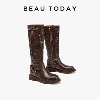 BEAUTODAY Knight Boots Women Waxing Calfskin Round Toe Punk Buckle Pleated Zipper Sewing Knee High Boots Ladies Handmade 01612