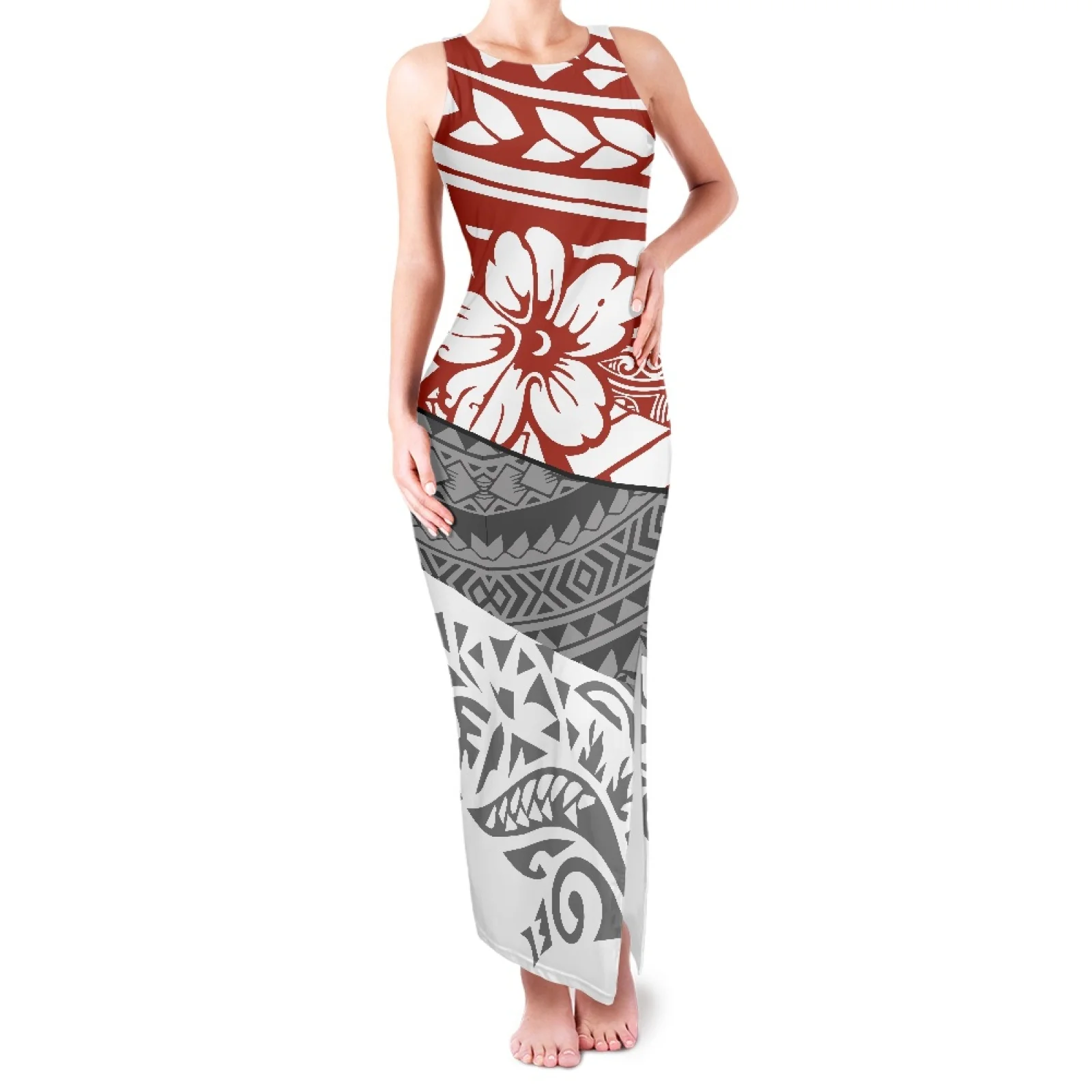 

Polynesian Tribal Samoan Totem Tattoo Samoa Prints High Quality Glamorous Sleeveless Off Shoulder Long Dress Slim Lady Big Siz