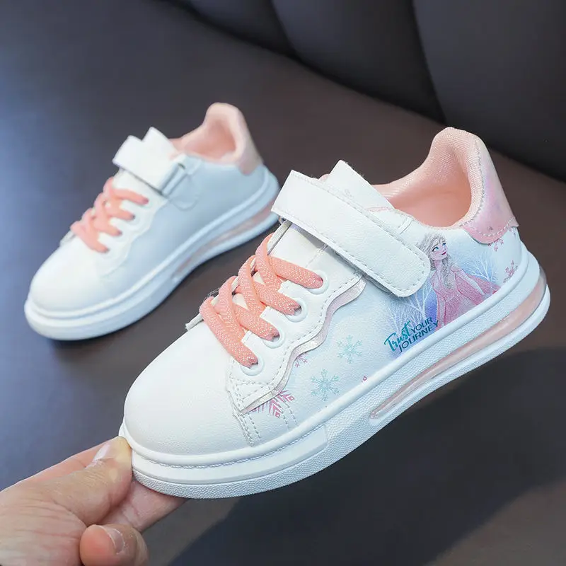 Disney Girls' White Shoes Leather Cartoon Princess Elsa Shoes Spring Girls'  Sports Blue White Shoes Sneakers Size 26-37