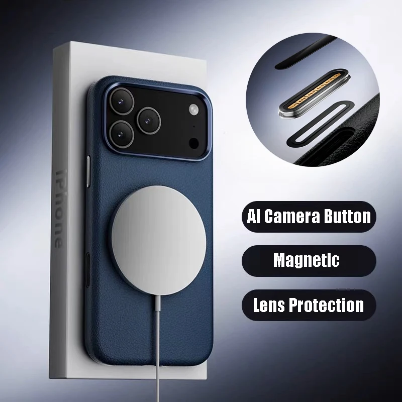 Luxury Business Leather Magnetic Phone Case with AI Camera and Shockproof Magsafe Cover
