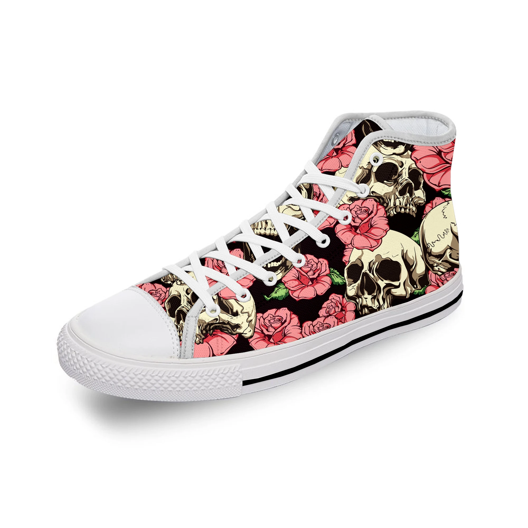 Sugar Skull Rose Flower Hot Funny White Cloth Fashion 3D Print High Top Canvas Shoes Men Women Lightweight Breathable Sneakers