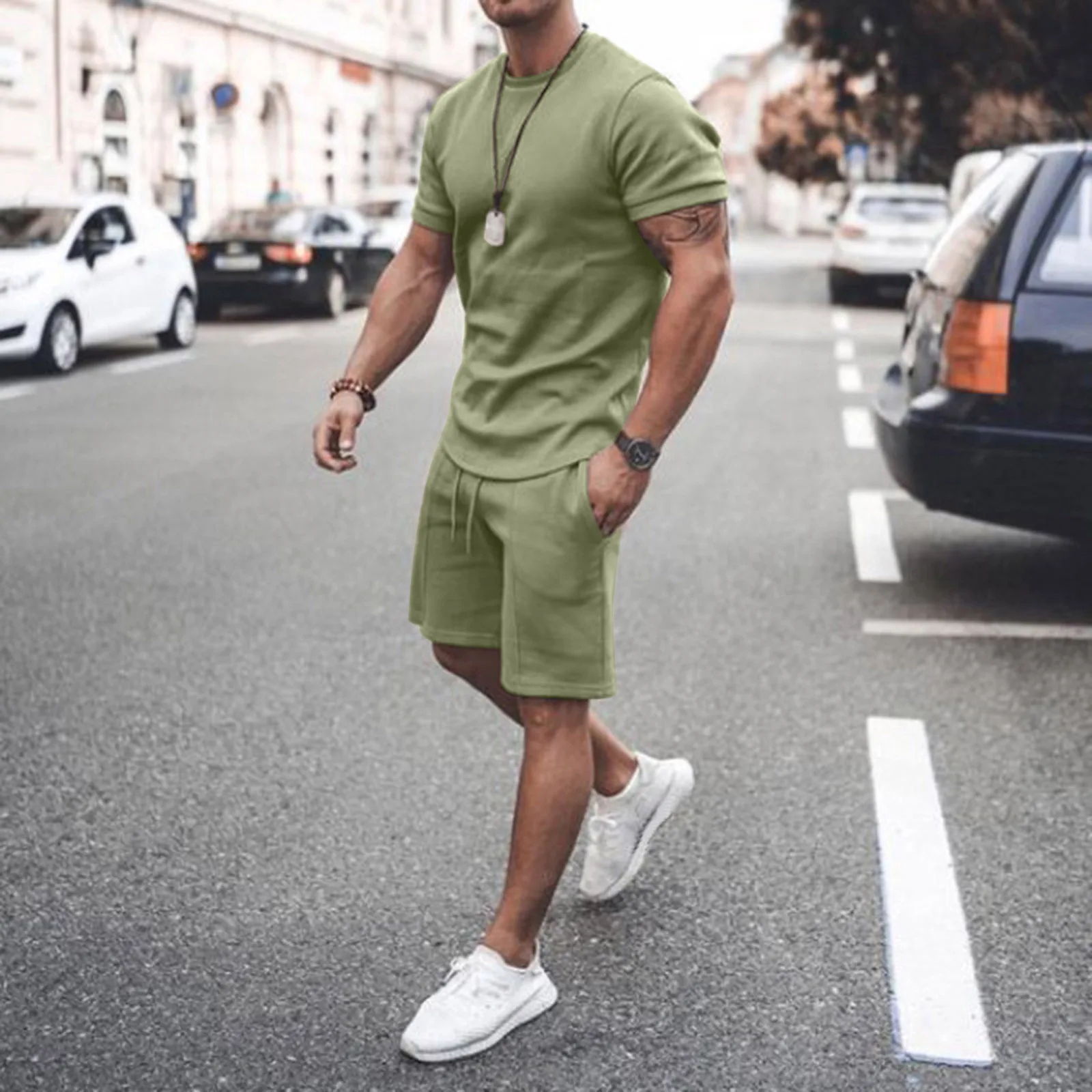 

2023 Men's Korean Sports Suit Summer Breathable T-shirt 2 piece Set Solid Color Fitness Gyms Running Sportswear Male Tracksuit