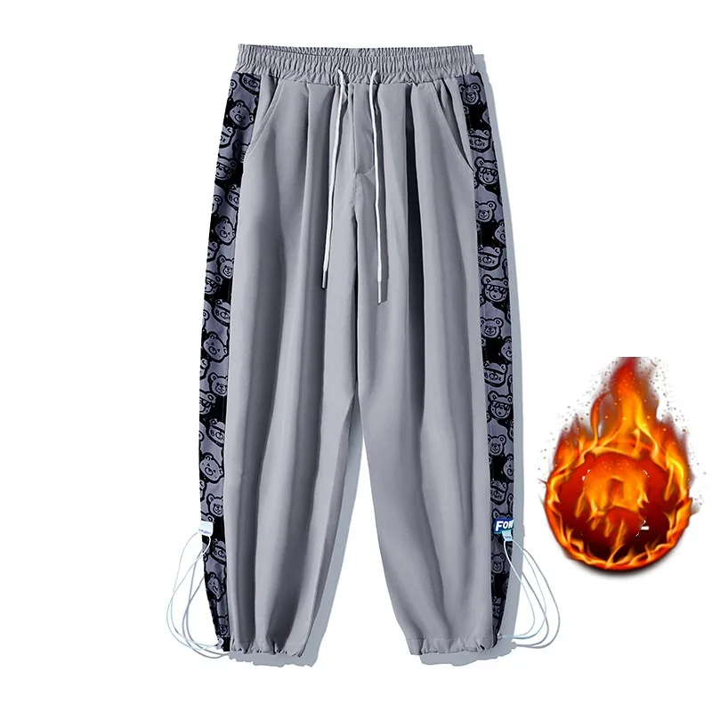 

Men's Solid Autumn Winter Cartoon Printed Pockets Flocking with Elastic High Waisted Casual Wide Leg Trousers Fashion Pants