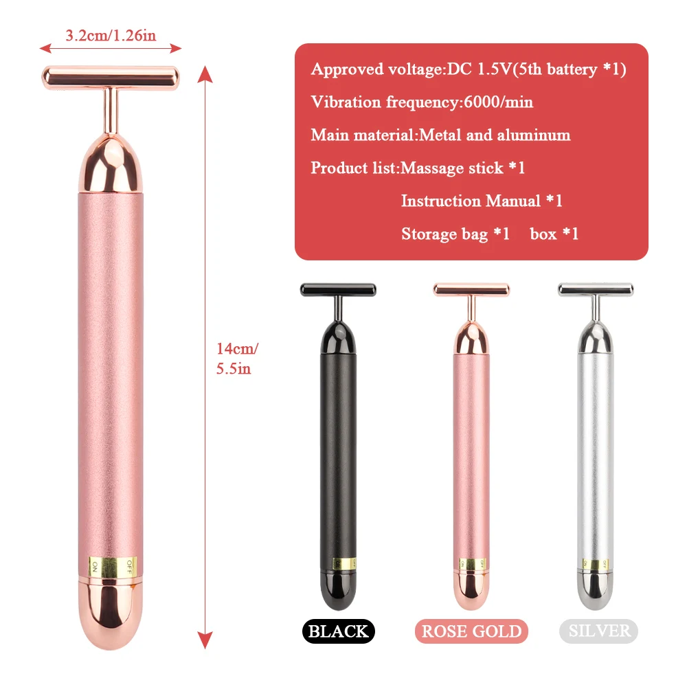 Facial Massager 24K Gold Roller Vibrating Facial Massager Slimming Facial Skin Beauty Pulse Firming Face Massage Lift Tightening Wrinkle Bar