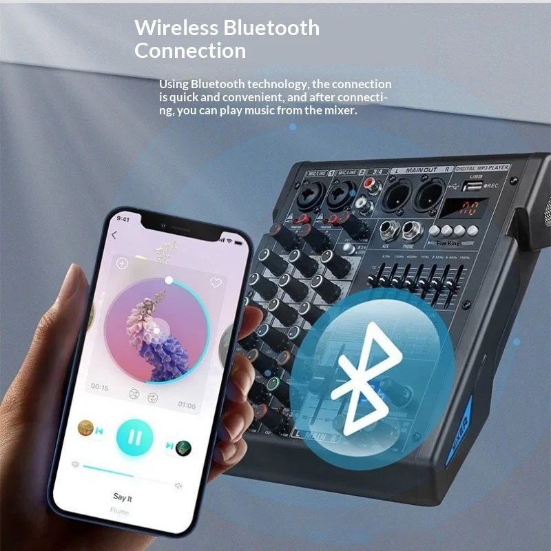 블루투스 지원 MP3 믹서 - 99개 DSP 효과, 7밴드 EQ, 48V 팬텀 파워, 라이브 스트리밍 및 무대 녹음을 위한 USB 사운드 카드