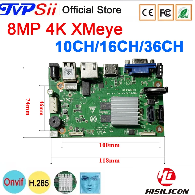 Face Detection SATA DC12V Audio XMeye H.265+ 8MP 4K 16CH 36