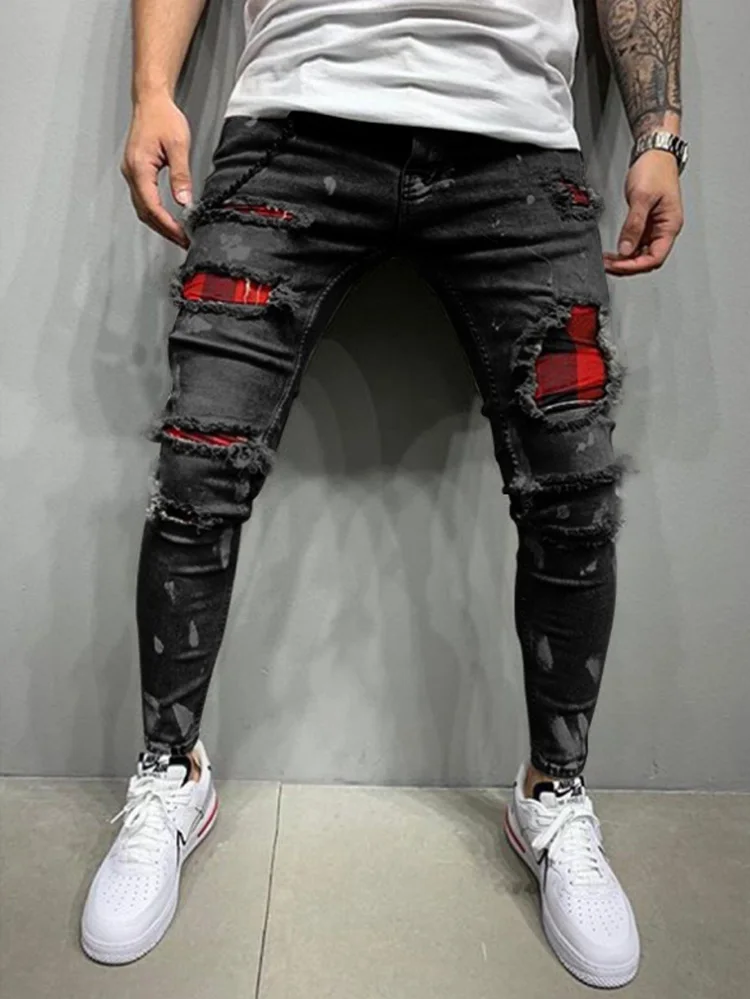 High Quality Fashion Men Painted Stretch Skinny Jeans Slim Fit Ripped Distressed Pleated Knee Patch Casual Men's Brand Clothing 4