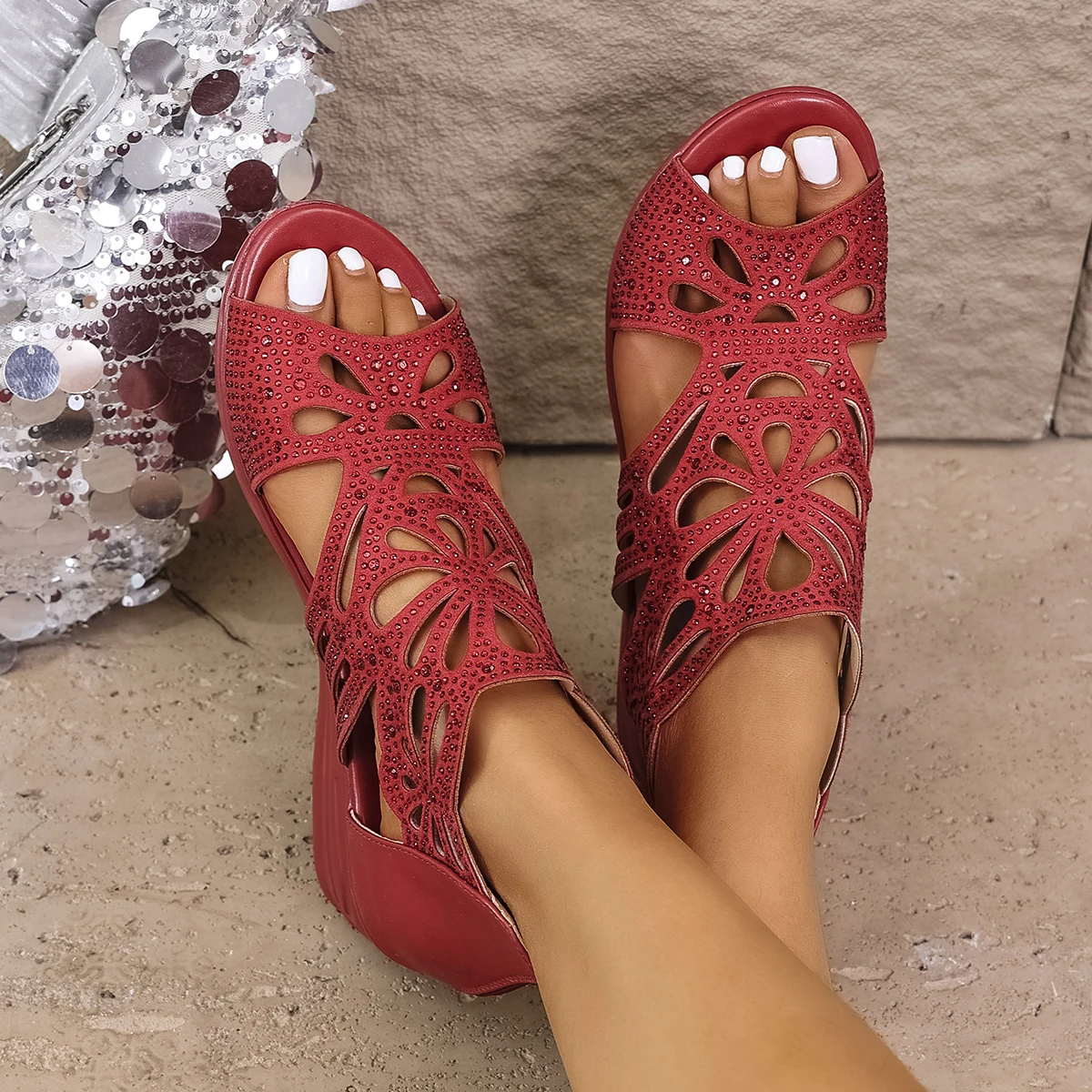 Aphixta Mew Gladiator Sandals Women Wedge Heel Shoes Zip 6.5cm High Heels Shoes For Woman Red Zapatos Mujer Wedges Woman Sandal