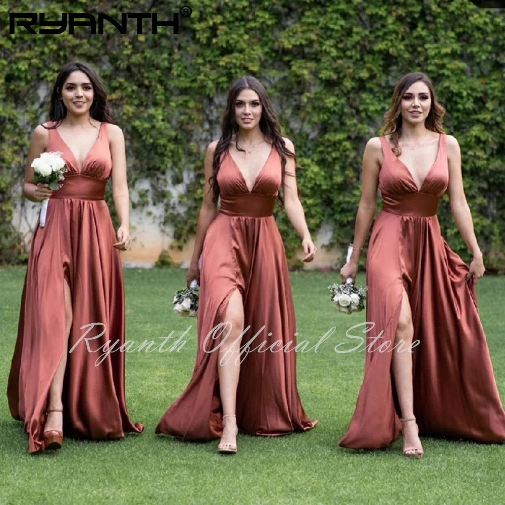 

2024 A-Line Women Party Bridesmaid Dresses Side Slit Spaghetti Strap Women Night Satin African Sexy robe de soirée de mariage