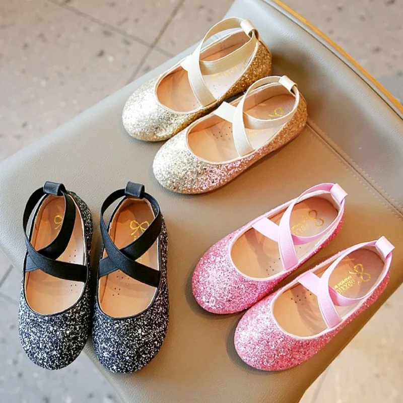 Classic Girls Ballet Shoes Sequins Wedding Party Children Leather Shoes Spring Causal Shallow Kid Flat Shoes Round-toe Versatile