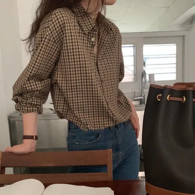 XEJ Plaid Shirt for Women's Autumn Wear 2023 New Outerwear Loose Top Elegant Social Long Sleeved Layered Shirt Y 2k Vintage Top